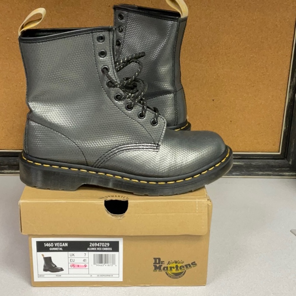 Dr. Martens Gunmetal Leather Lace-Up Boots with Yellow Stitching